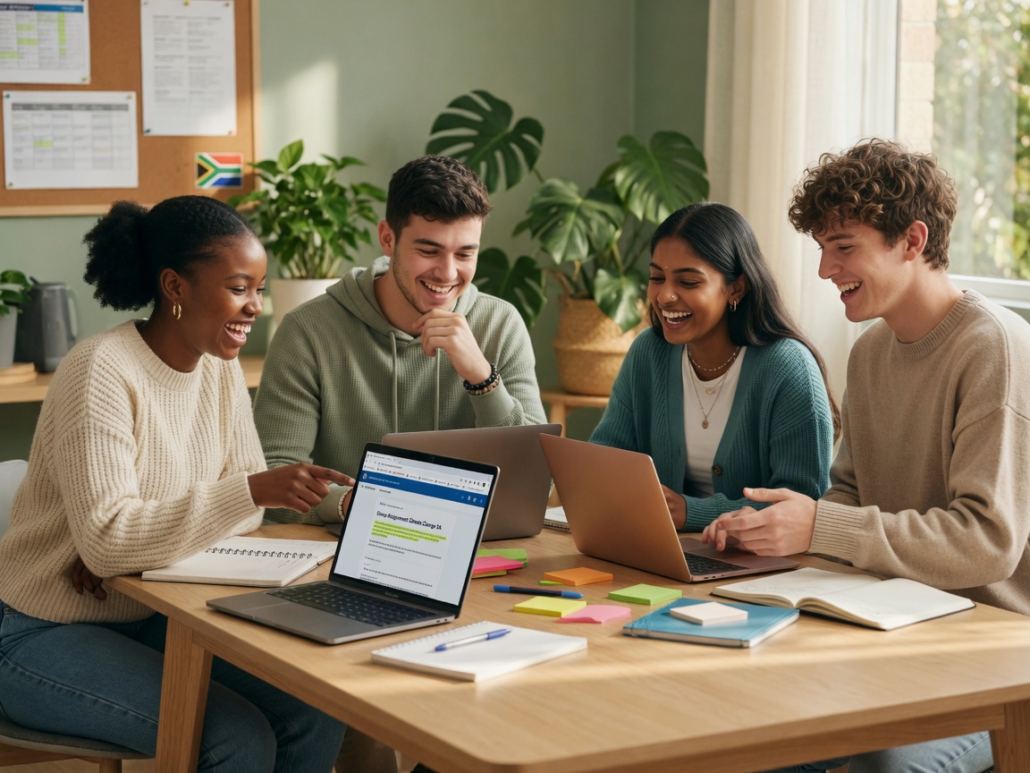 Four young people studying together with laptops